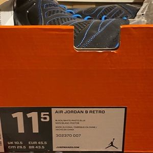 AUTHENTIC RARE JORDAN 9’s PHOTO BLUE BLACK BOTTOM. SIZE 11.5 W/BOX NEVER WORN